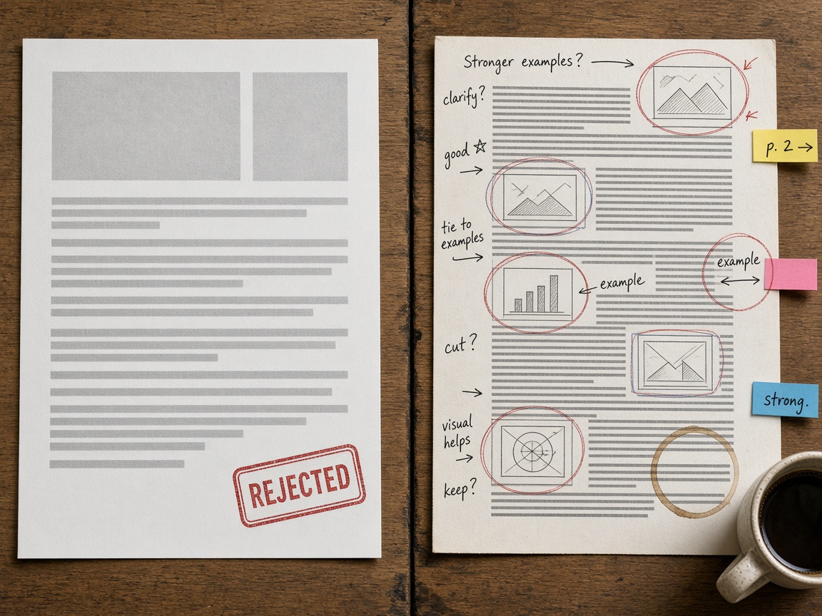 Thin automated blog post draft stamped rejected beside a useful edited article