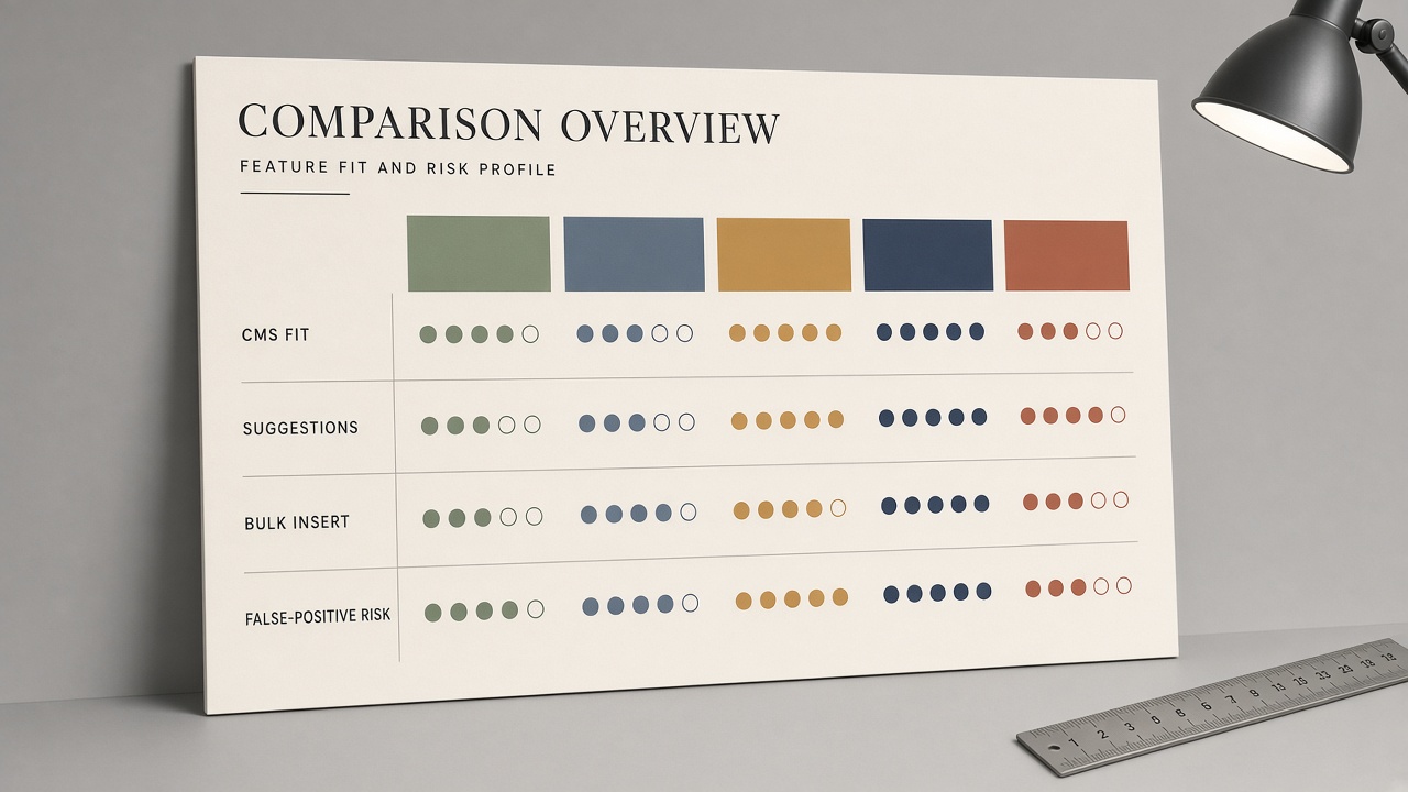 Comparison board scoring internal linking tools on CMS fit, suggestions, bulk insert, and risk