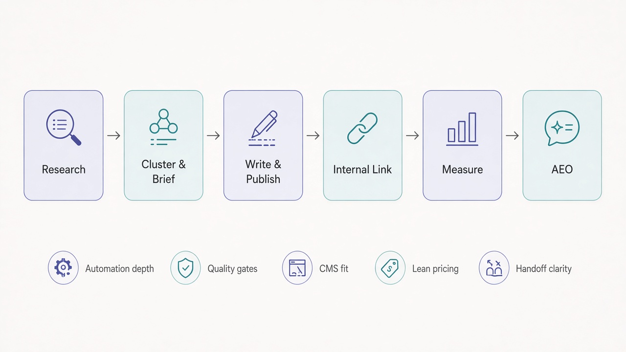 Job-to-be-done scoring rubric diagram for comparing SEO automation tools across six pipeline jobs