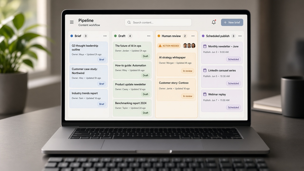 Write and publish SEO automation pipeline board with brief, draft, human review, and scheduled publish stages
