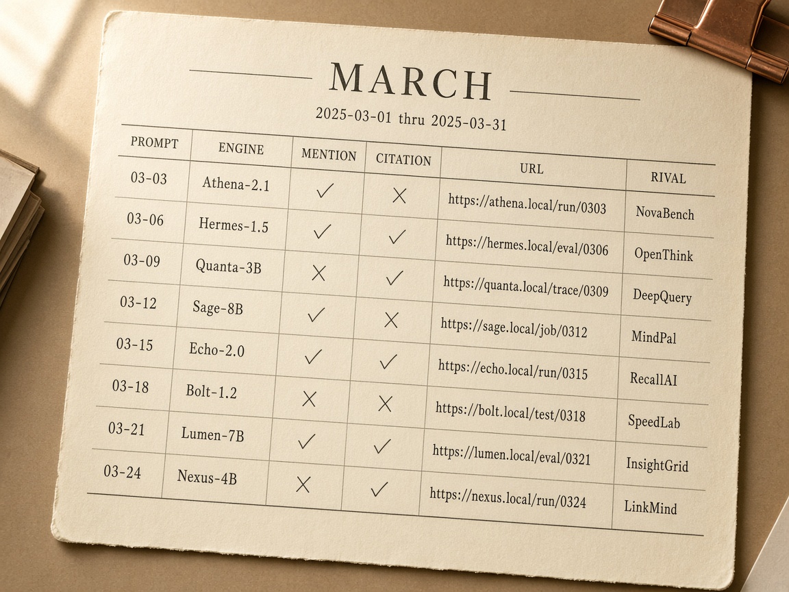 Monthly brand mention tracking log with separate mention, citation, and source URL columns
