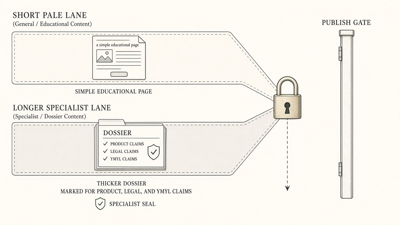 Content approval workflow routing low-risk pages and high-risk claims into one locked publish control
