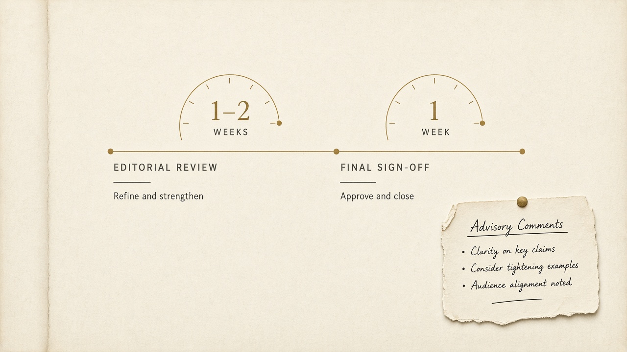 Content approval workflow stage clocks for editorial and final sign-off, with comments off the timer