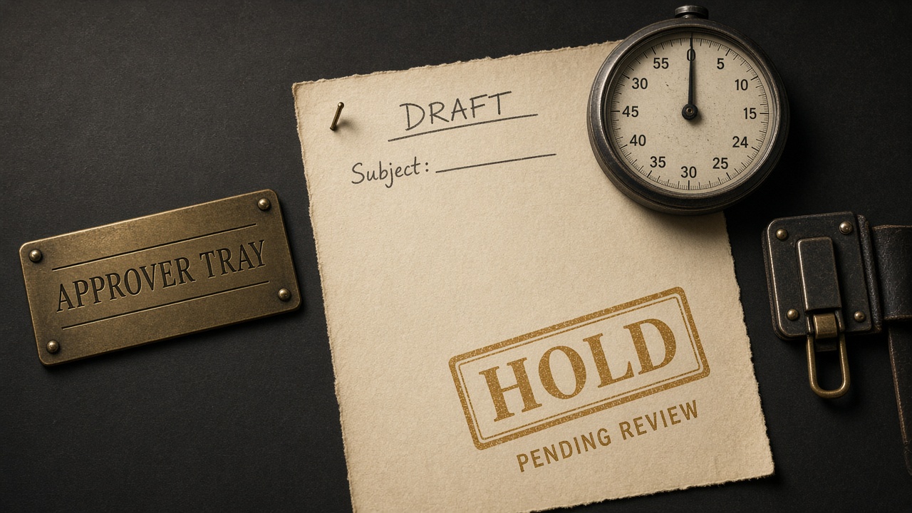 Lean content approval workflow with one named approver and an SLA timer that holds the draft