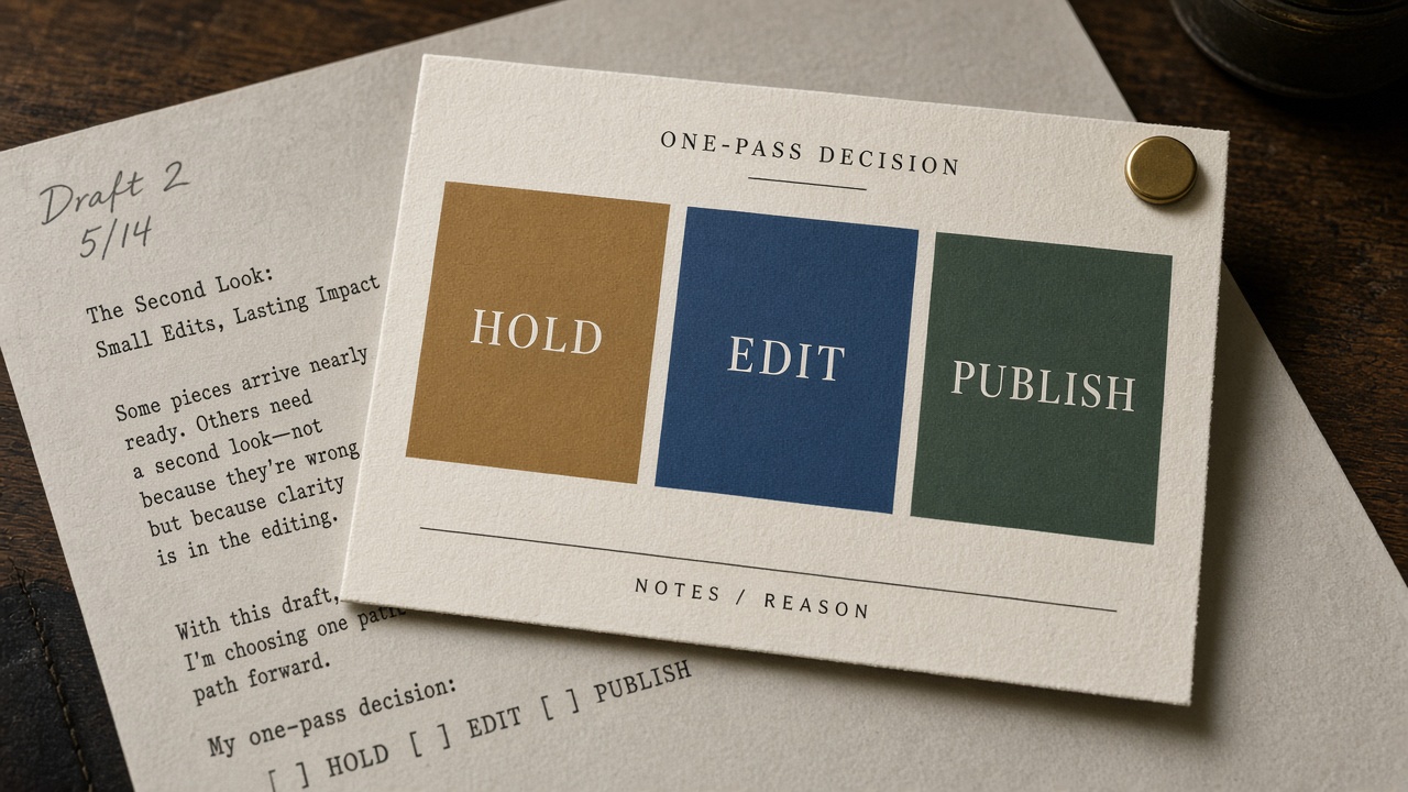 One-pass content approval workflow card on a pinned draft with Hold, Edit, and Publish