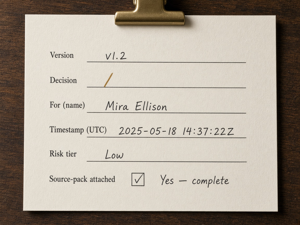 Content approval workflow record showing version, decision, named human, timestamp, risk tier, and source pack