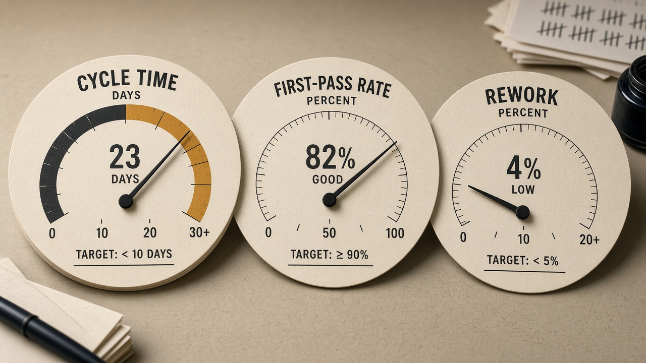 Content approval workflow bottleneck dashboard emphasizing cycle time, first-pass rate, and rework