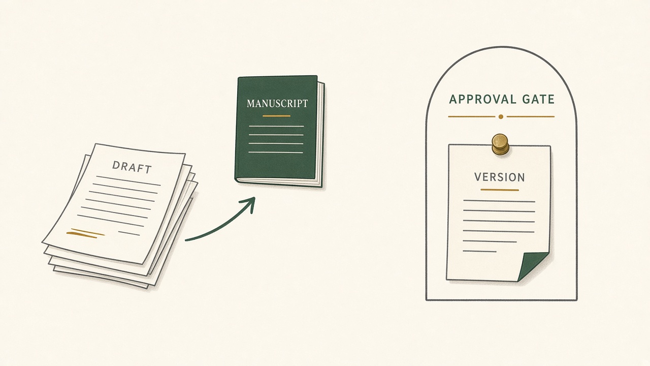 Content approval workflow diagram separating a creation lane from a pinned-draft approval gate