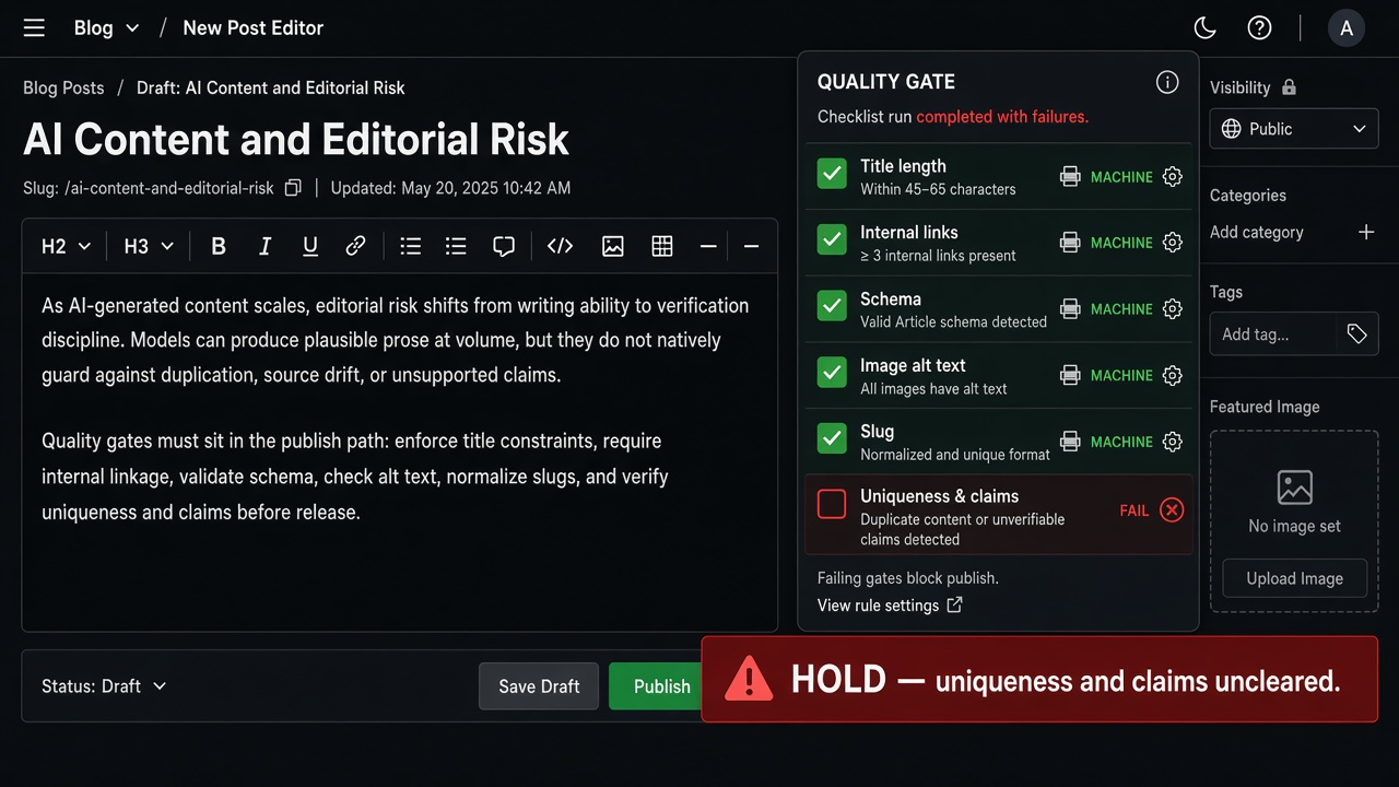 QA checklist blocking publish until uniqueness and claims are cleared