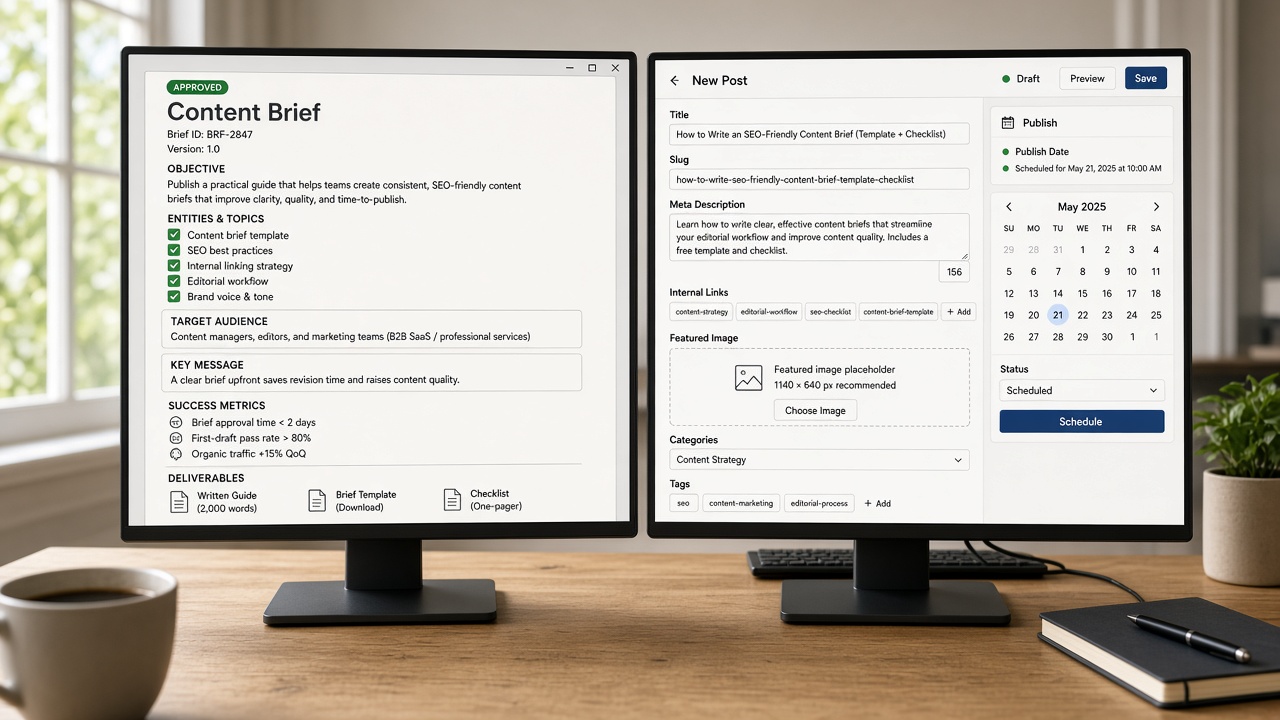 Approved brief flowing into CMS draft with metadata, links, and schedule