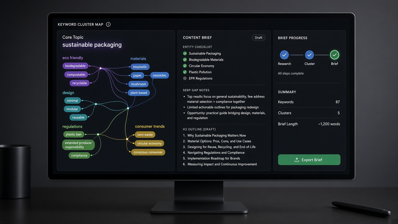 Dashboard clustering keywords into structured SEO content briefs