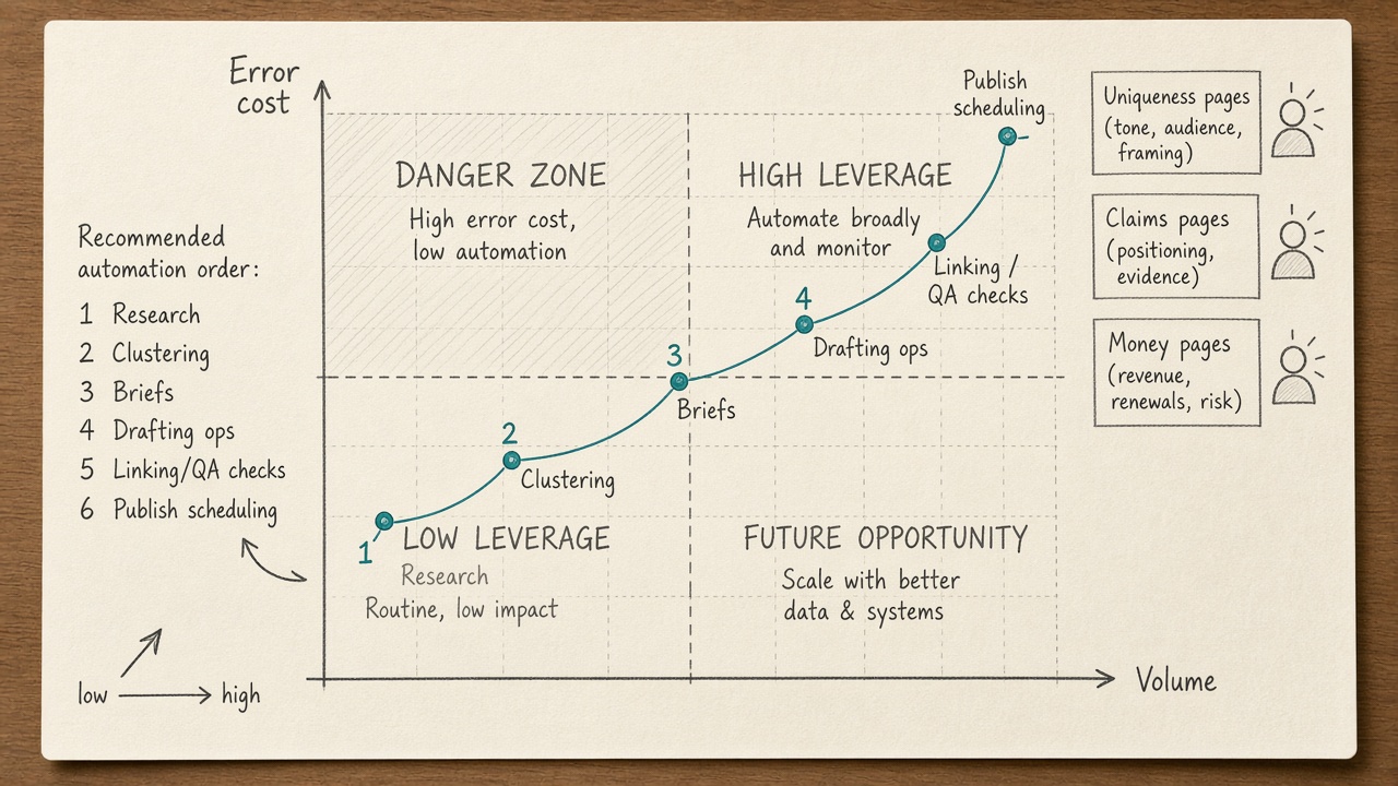 Volume versus error-cost chart ranking which publishing jobs to automate next