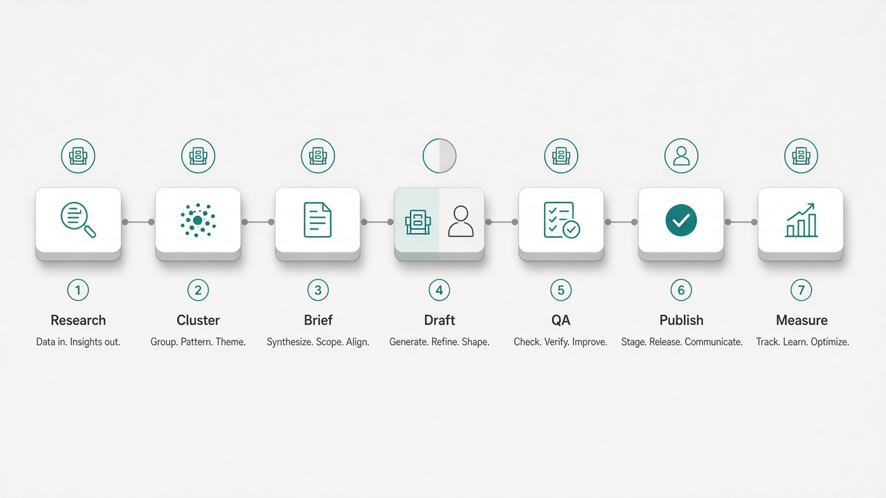 Job-by-job map of the research-to-publish content stack