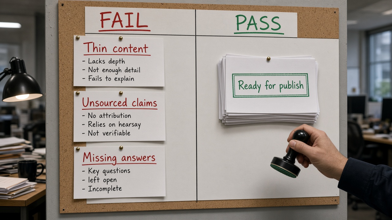 Editor QA board flagging thin content and unsourced claims versus a pass for publish
