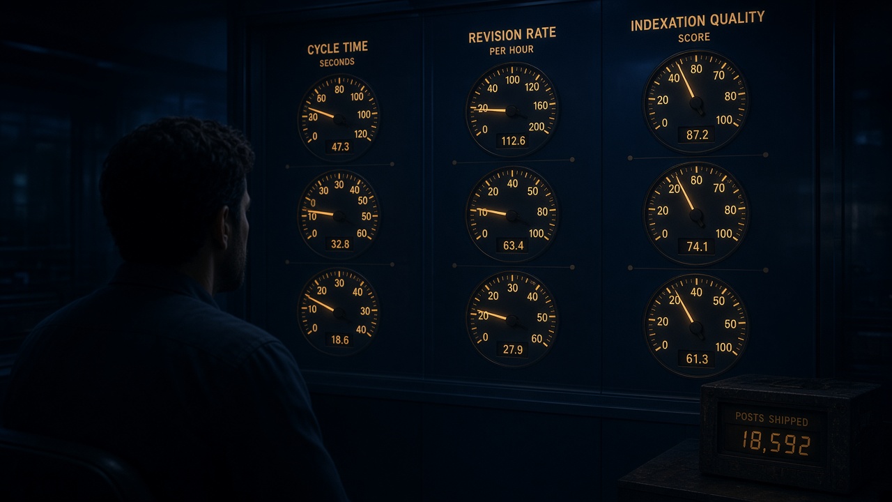 Ops dashboard tracking cycle time, revision rate, and indexation quality over post volume