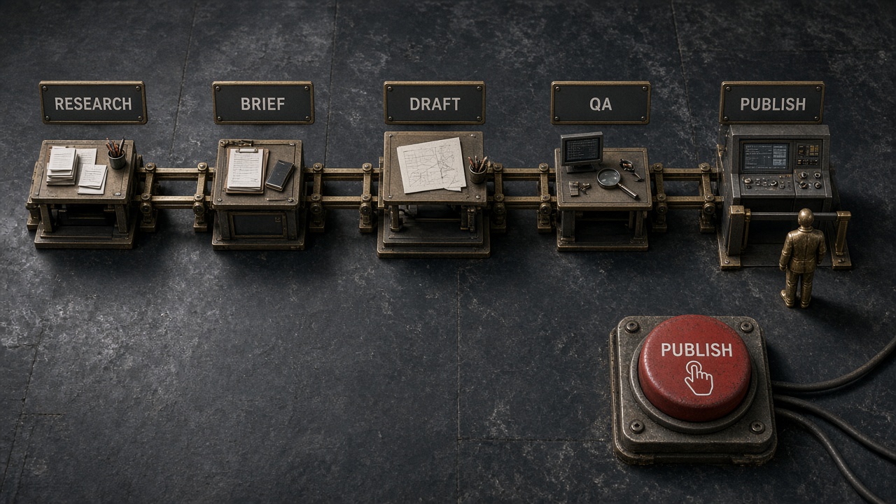 Content automation pipeline with a human checkpoint before CMS publish