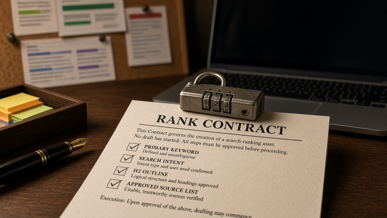 Locked content brief ranking contract with keyword, intent, outline, and sources checked