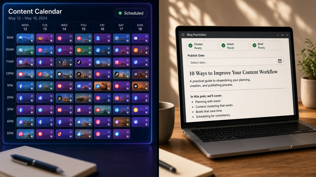 Content calendar software split: a locked social scheduling grid beside a WordPress-style editor with an unset publish date