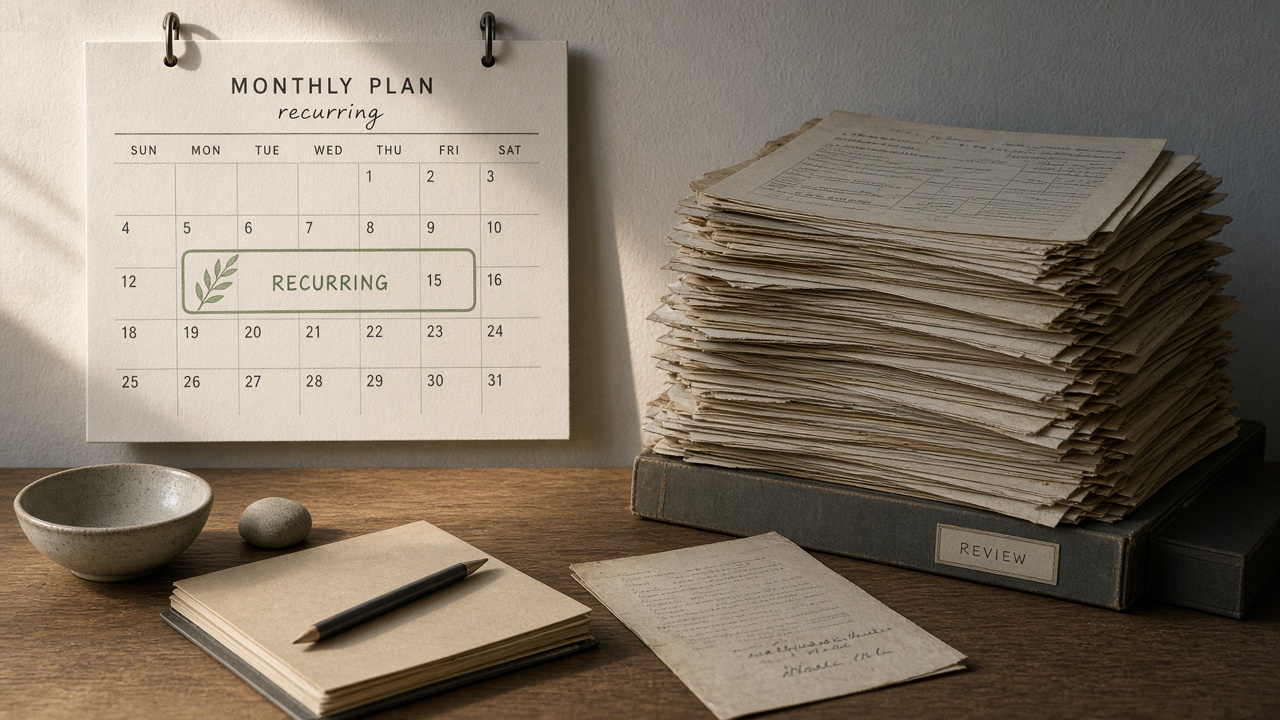 Monthly content decay audit calendar block beside a neglected once-a-year review pile