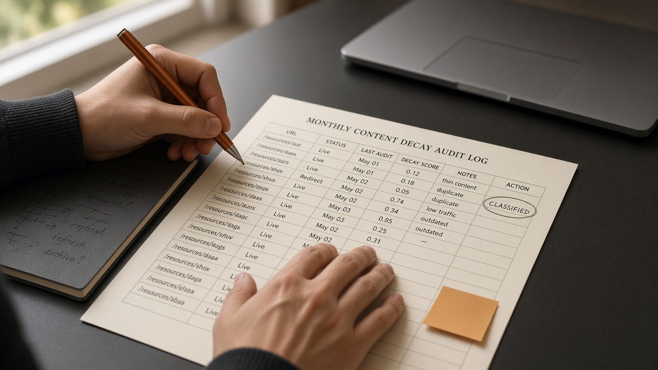 Content decay audit log being classified on a desk instead of rewritten in an editor