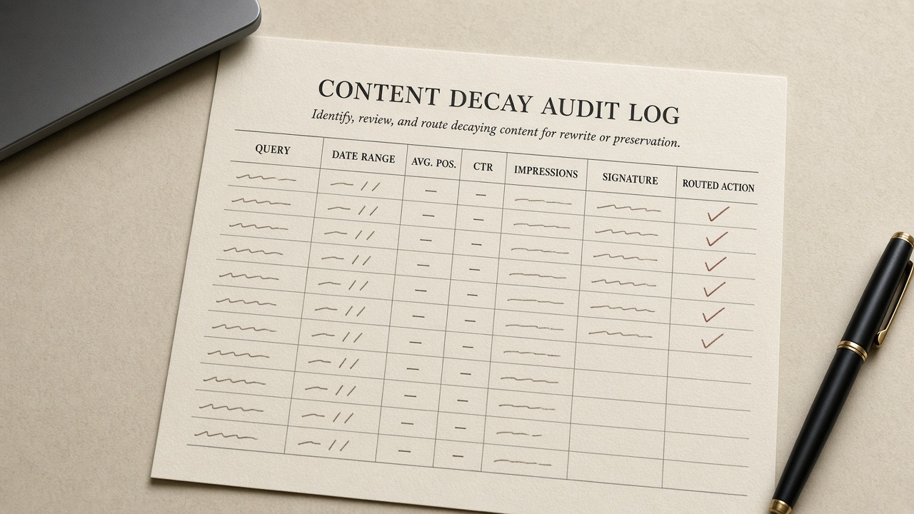 Completed content decay audit checklist log in front of a closed editor