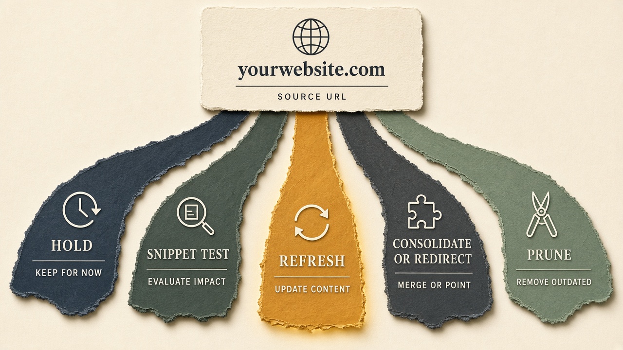 Content decay audit decision fork routing one URL to refresh, merge, redirect, or prune