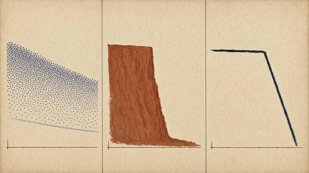 Content decay shown as a slow multi-month fade beside a penalty cliff and a one-week algorithm drop