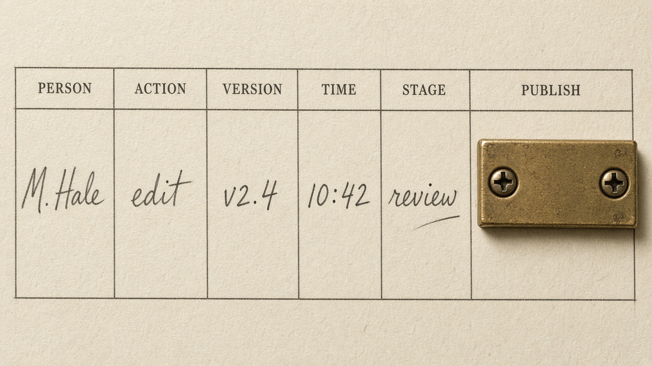 Approval log row recording person, action, version, timestamp, and stage before publish
