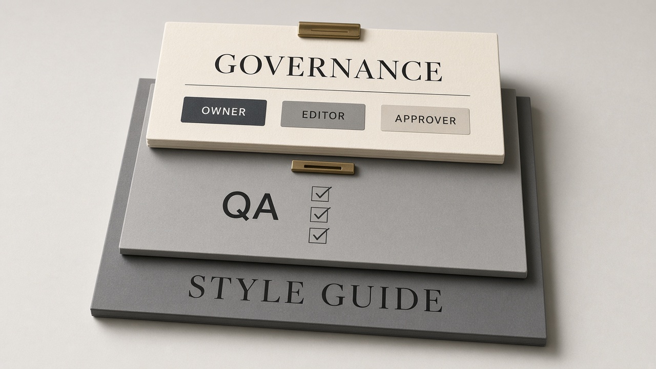 Content governance policy card stacked above a style guide and QA checklist