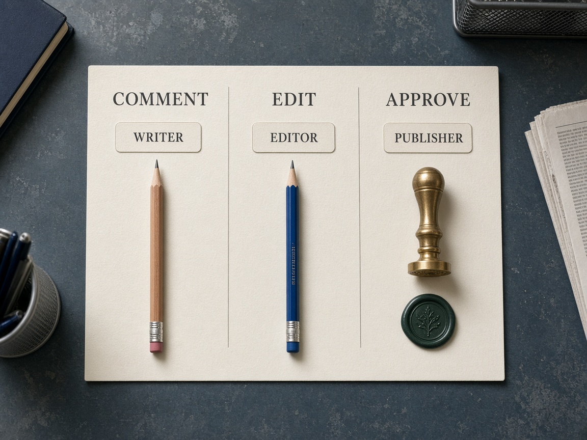 Decision-rights card for an automated SEO draft showing comment, edit, and approve roles