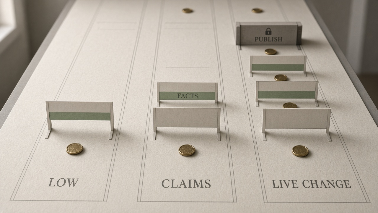 Risk-based approval path with more human gates for claims and live changes
