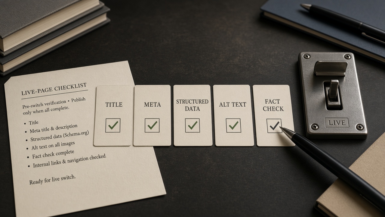 Manual review of title, metadata, structured data, and alt text before AI pages go live