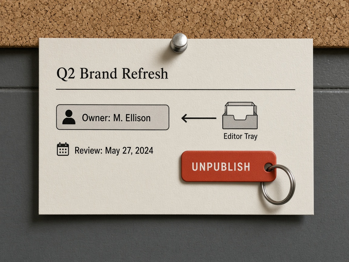 Published page card with named owner, review date, correction path, and unpublish control