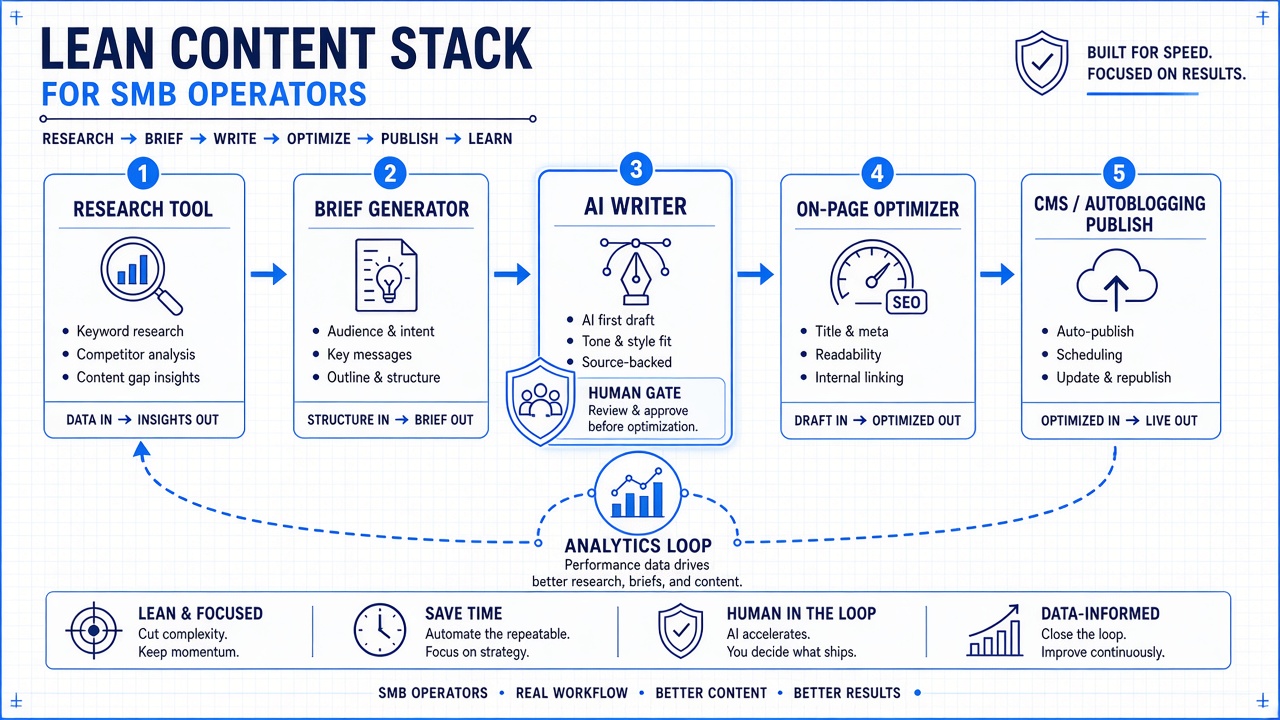 Lean research-to-publish content marketing automation stack with analytics feedback loop