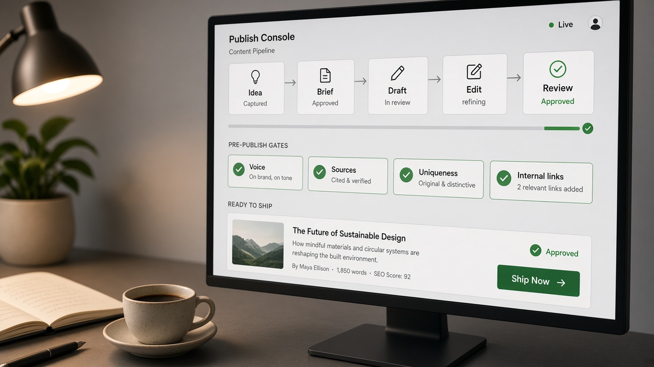 Quality gates for content marketing automation protecting brand voice, sources, uniqueness, and internal links