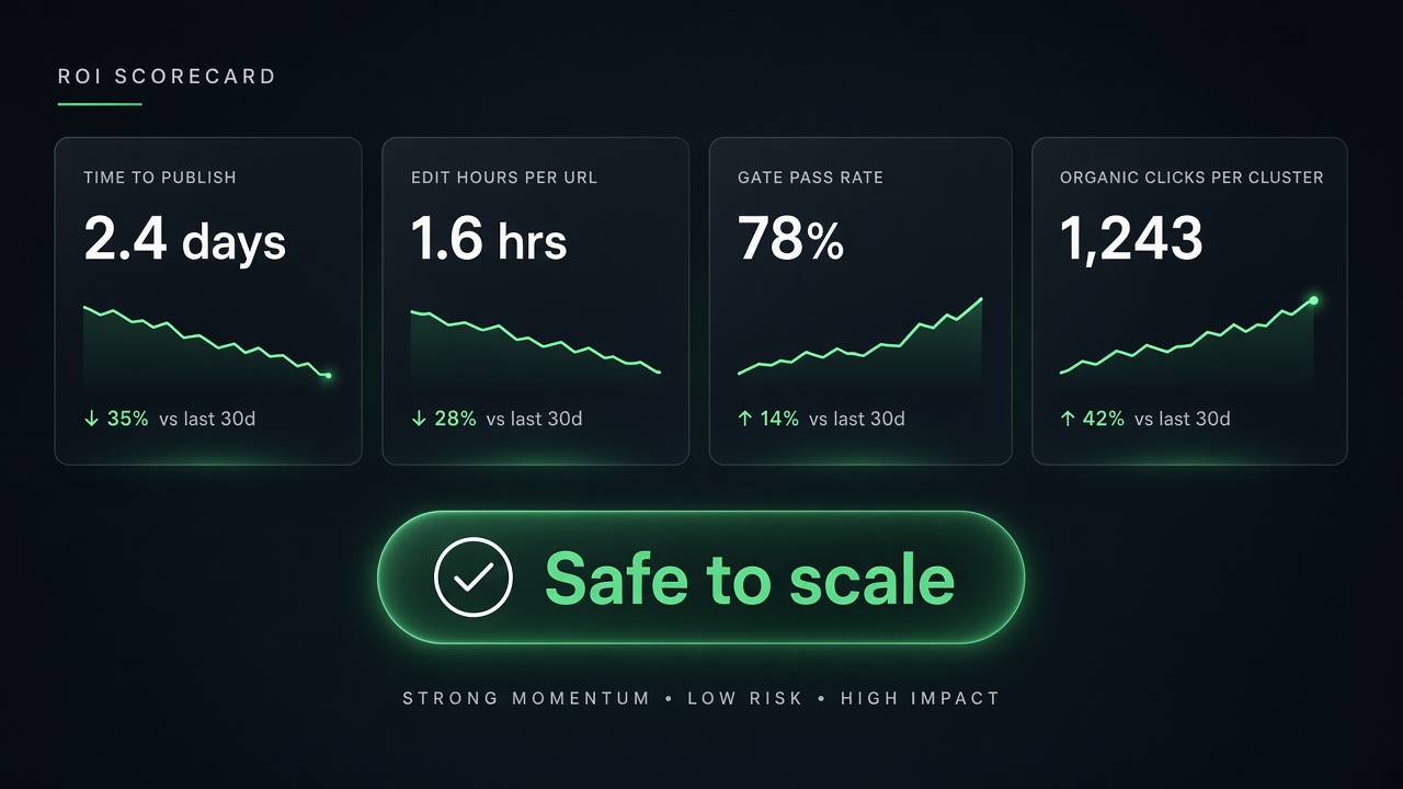 Content marketing automation ROI dashboard with safe-to-scale indicator and organic performance metrics