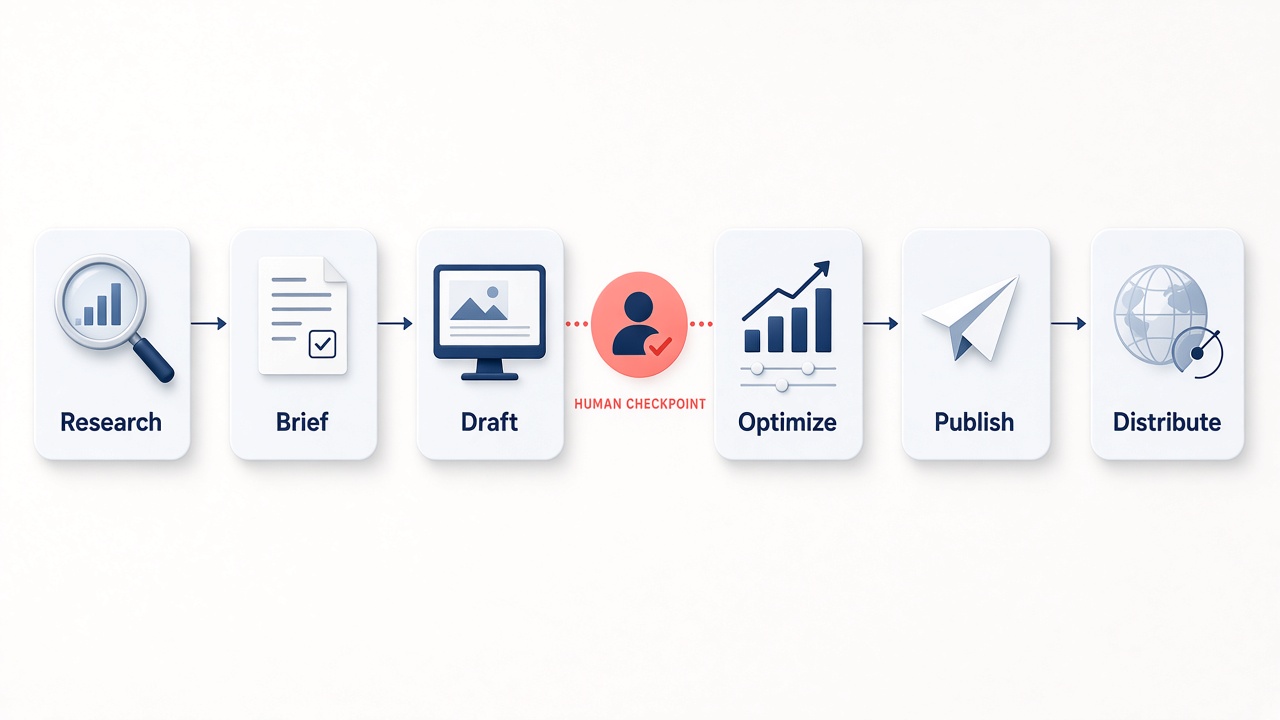 Content marketing automation pipeline from research to distribute with a human quality checkpoint