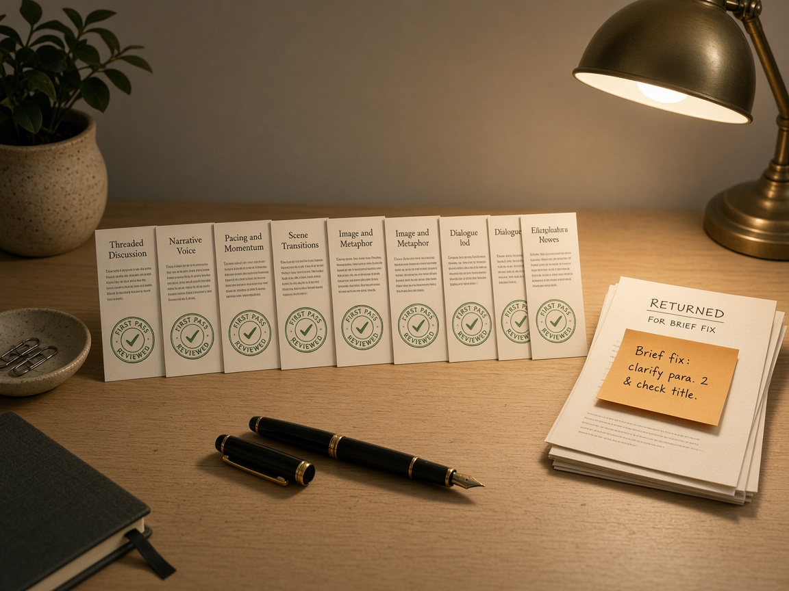 First-submission pass rate on a review desk with most cards stamped and a short brief-fix stack