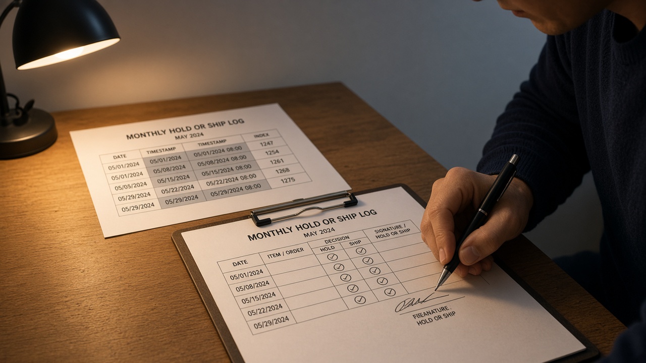 Solo operator signing a hold-or-ship line while content operations KPIs fill in the background
