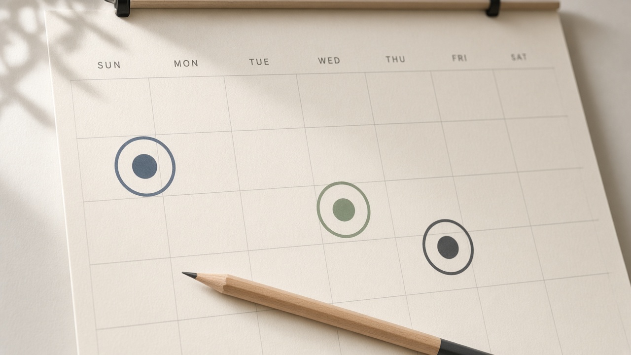 Review cadence for content operations KPIs: weekly, monthly, and quarterly marks on a calendar
