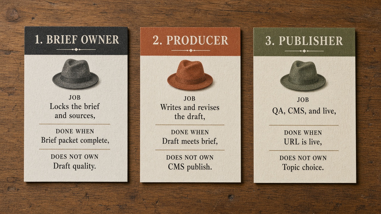 Three-column role cards for Brief owner, Producer, and Publisher with done-when and does-not-own lines