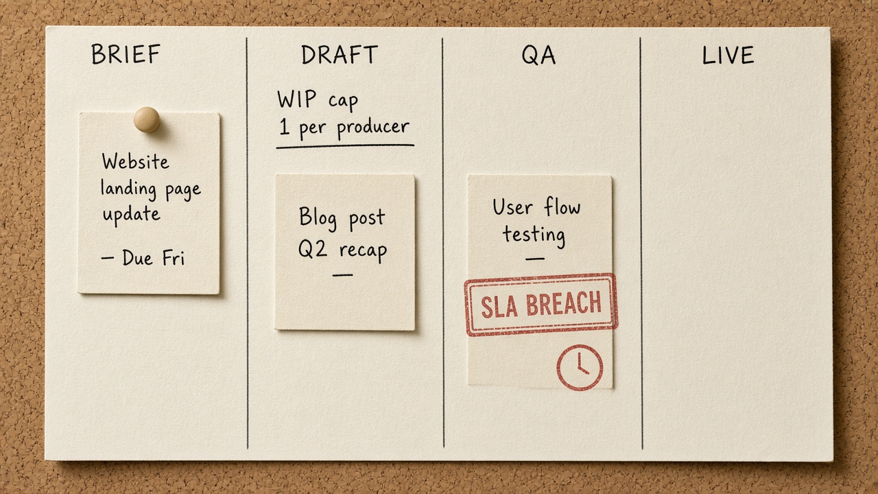 Lean weekly kanban with Brief Draft QA Live columns, WIP cap of one, and a highlighted SLA-breach card