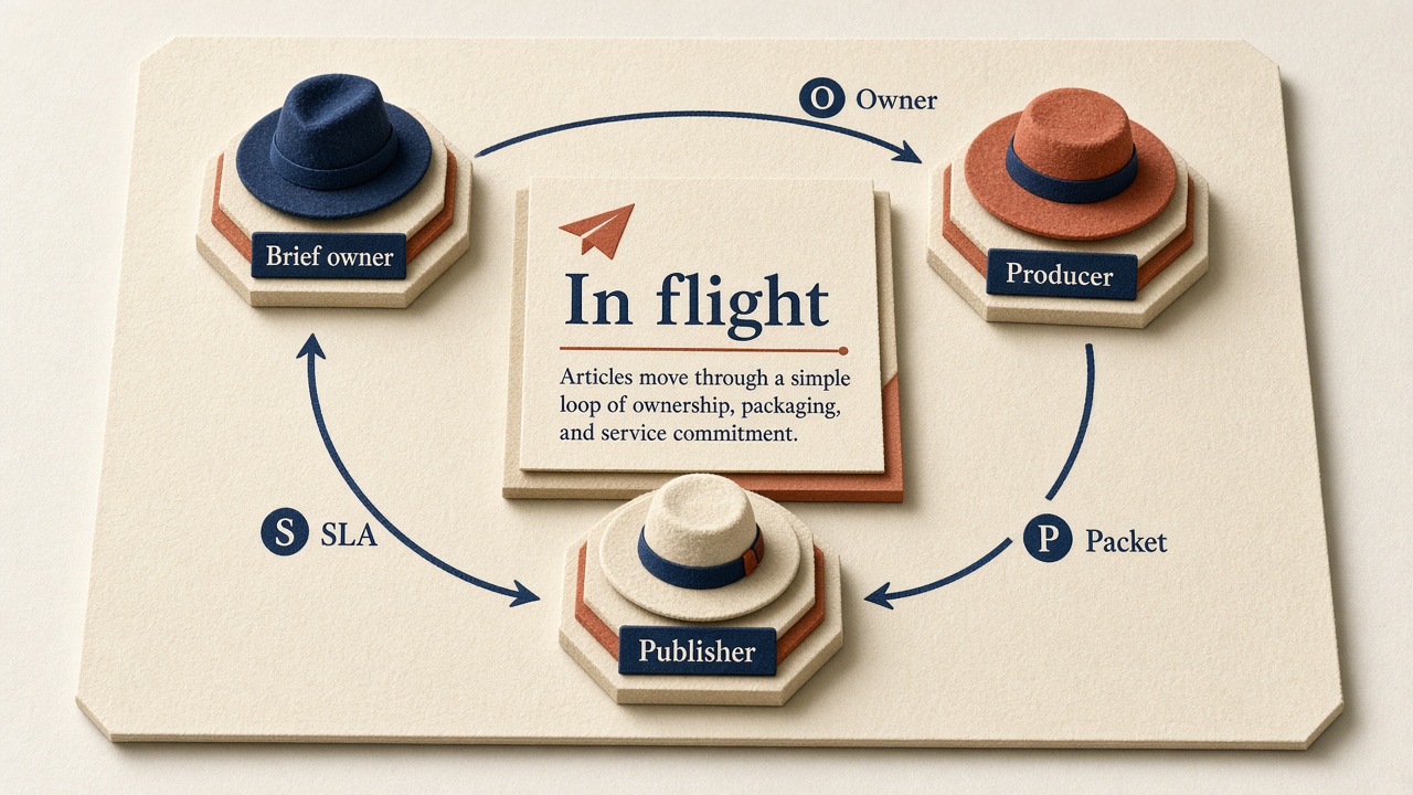 Lean content ops workflow diagram with three hats around one article and owner-packet-SLA arrows