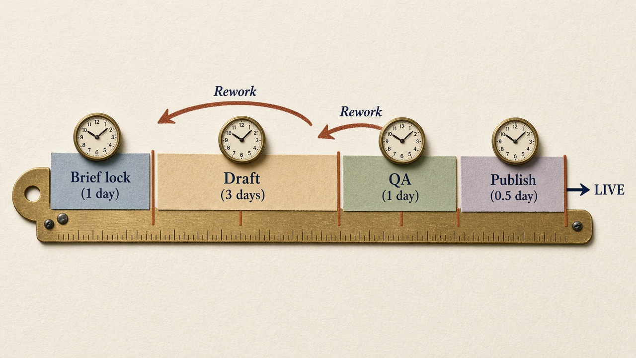 Horizontal content handoff SLA timeline from brief lock through draft, QA, and publish with bounce-back arrows