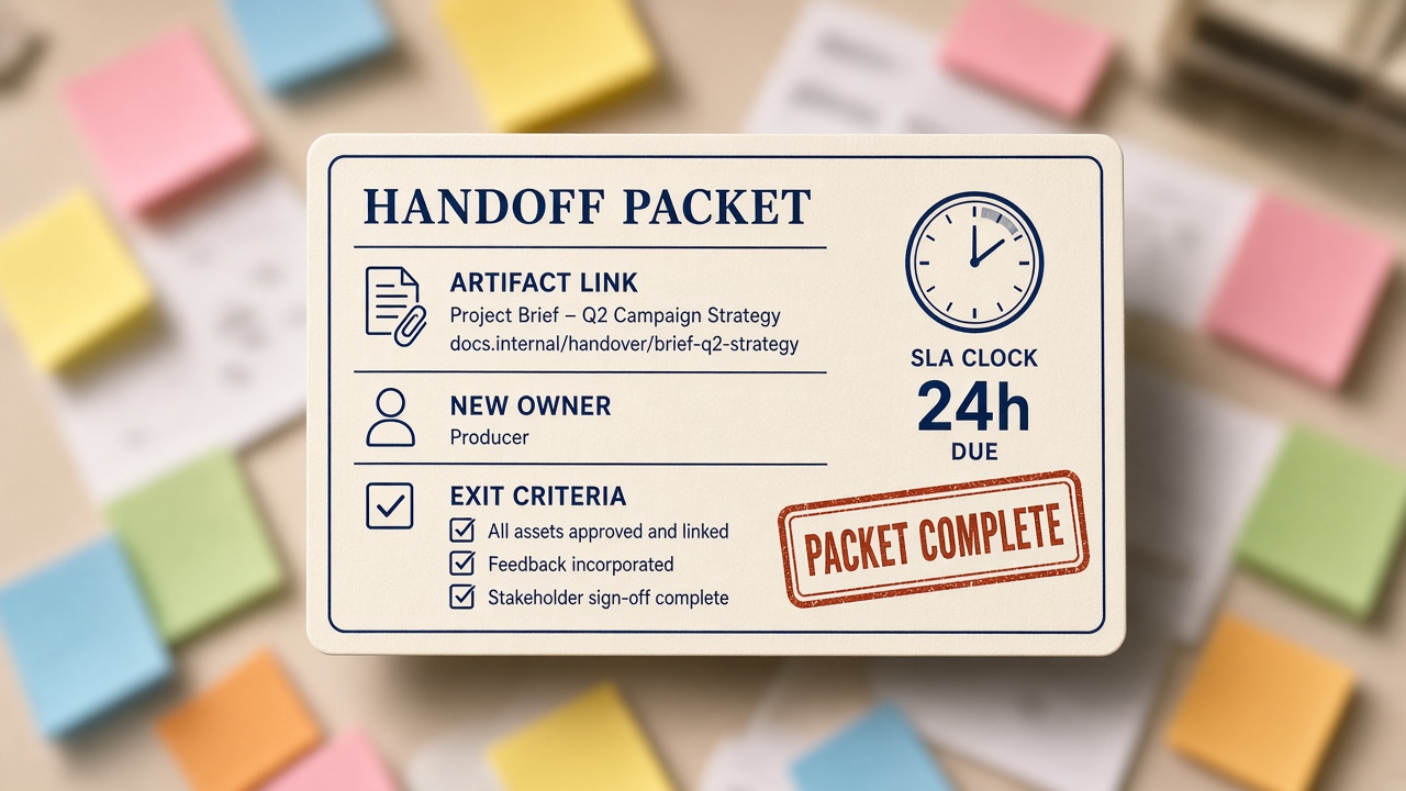 Content handoff packet card with artifact link, named owner, exit criteria, and SLA clock