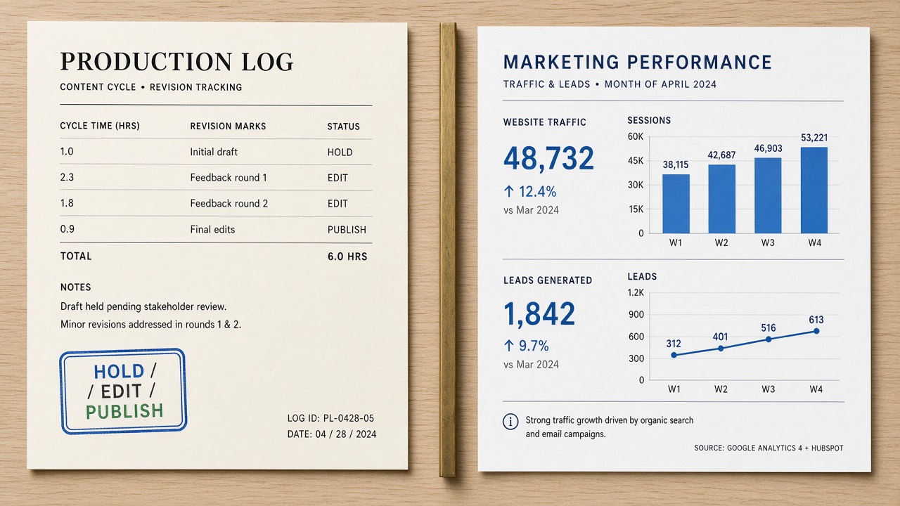 Content ops metrics log walled off from a content marketing traffic chart