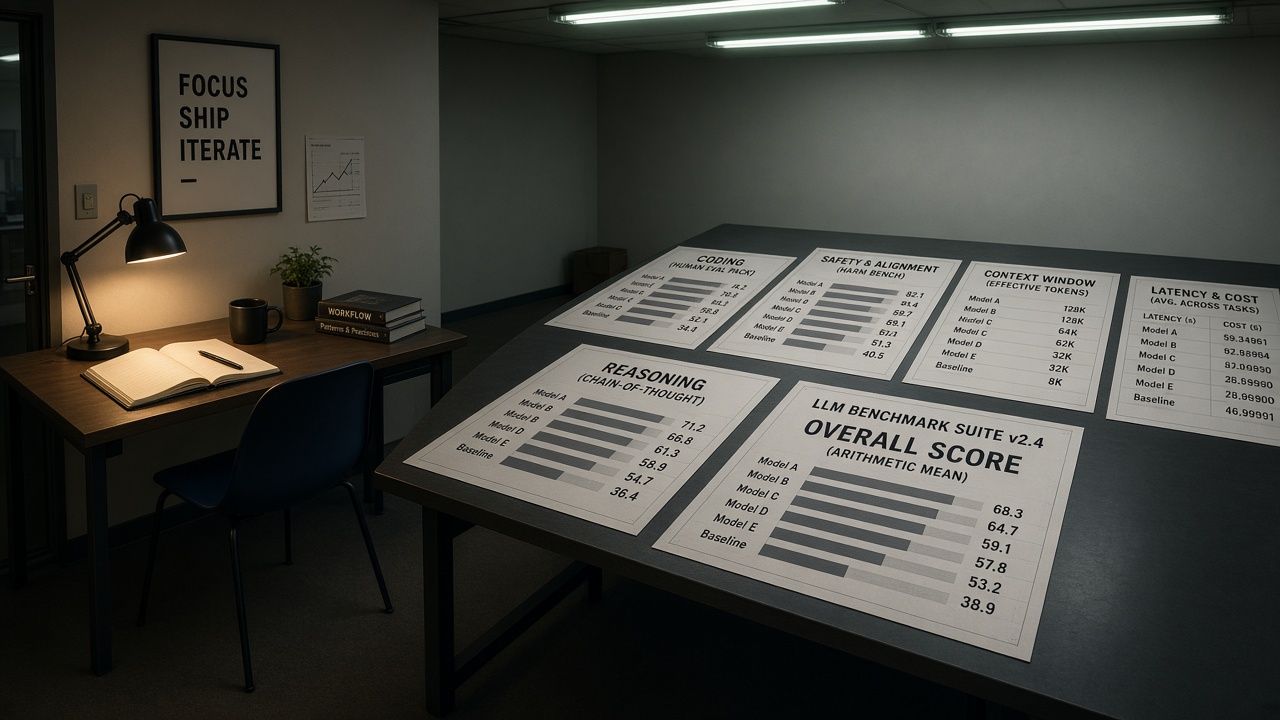 Solo desk beside team-average posters that do not fit content ops metrics for one operator