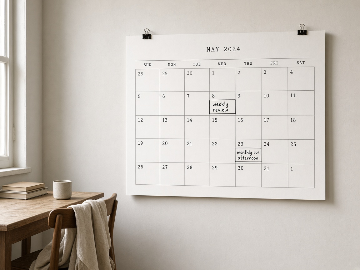 Calendar showing how often a one-person stack reviews content ops metrics