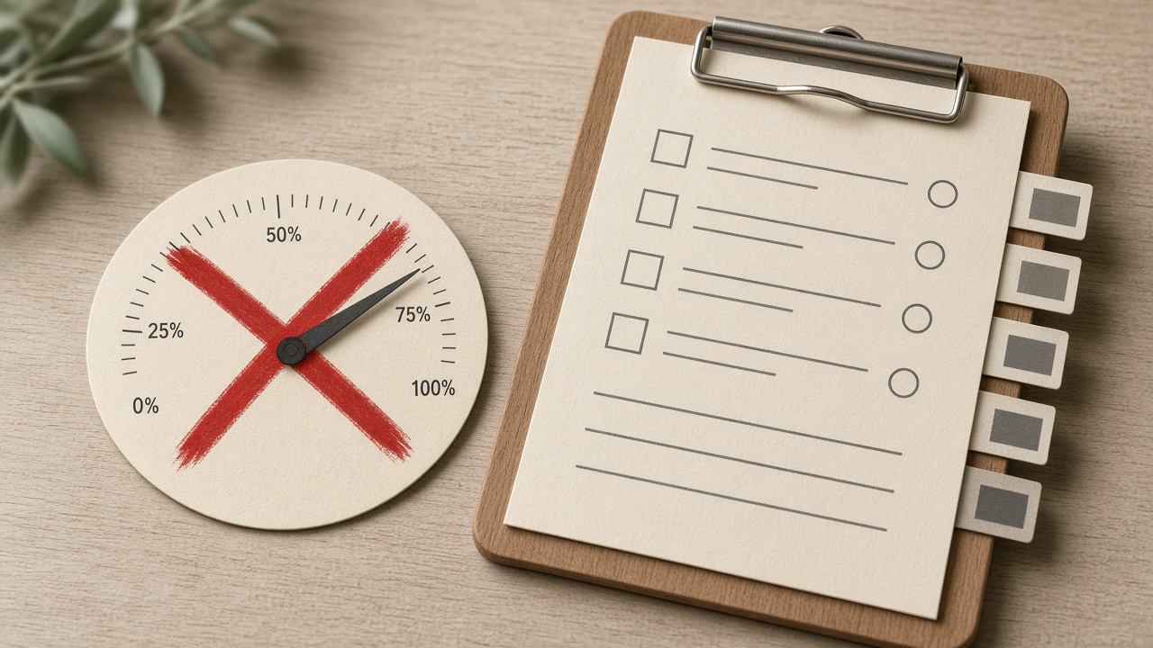Detector score crossed out beside a human AI content quality checklist clipboard