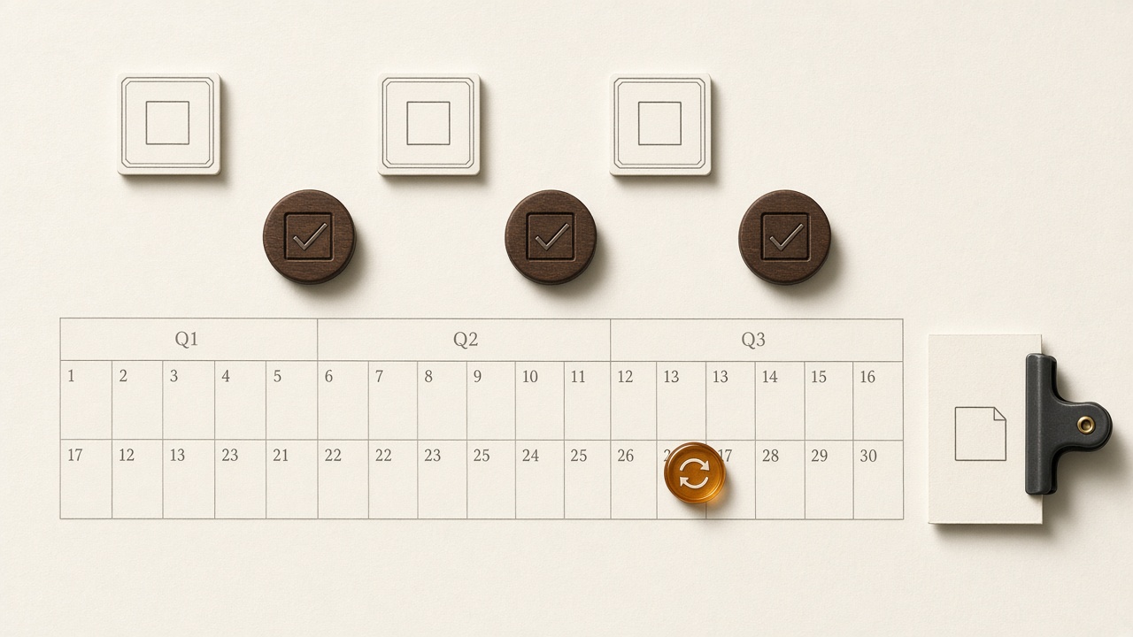 Quarterly content refresh calendar with empty dates until intent, decay, and cluster fit pass